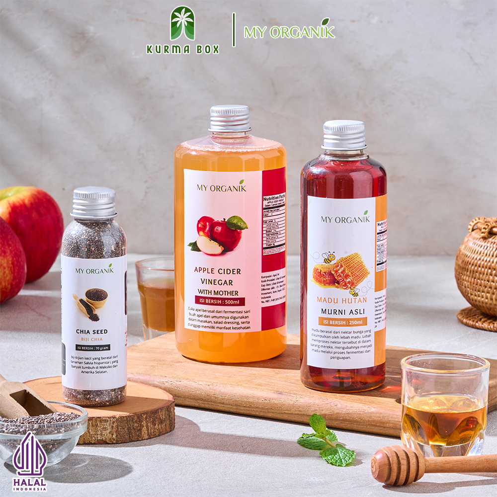 

My Organik Paket 3 in 1 Cuka Apel Apple Cider Vinegar With Mother Madu Hutan Chia Seed