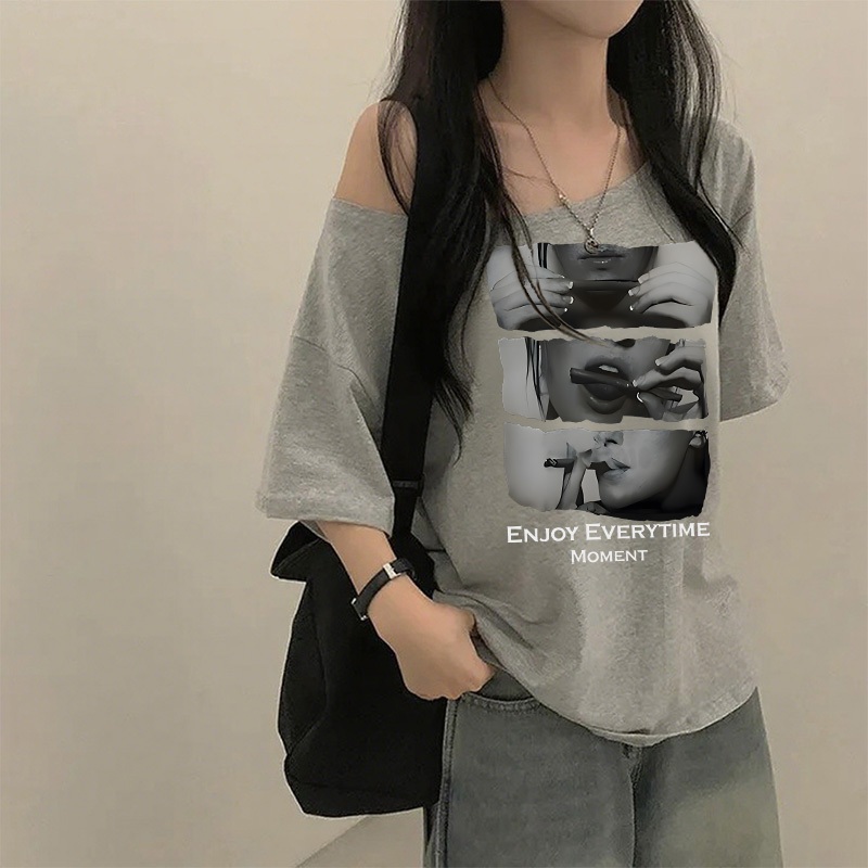 Kulor.American style Korean style smoking lady Sabrina t shirt kaos oversize wanita baju retro Vinta
