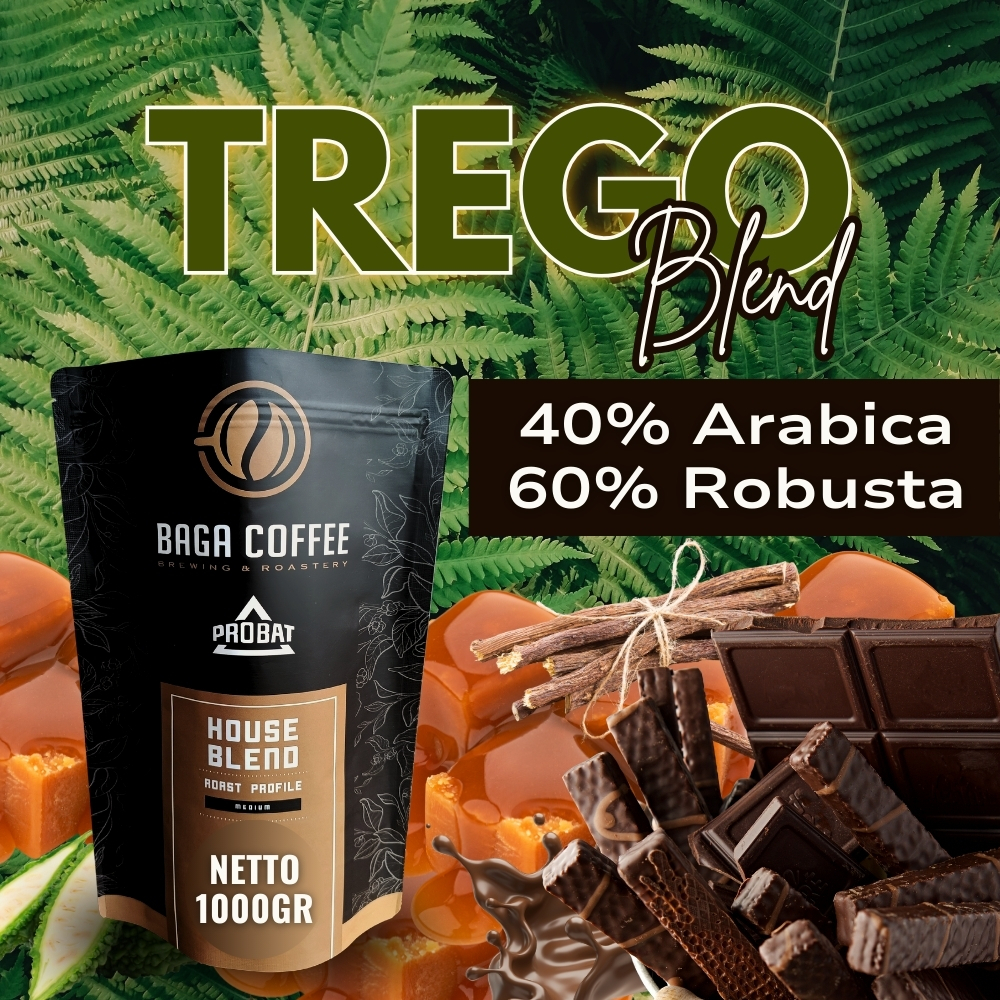 

Kopi Baga Coffee Trego Blend 40% Arabica 60% Robusta Whole Bean kopi biji / bubuk