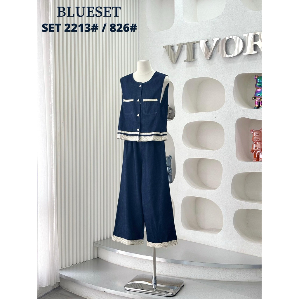 blue set, setelan celana, midi denim, setelan denim, set vivorie, set denim bkk, jeans import, dress