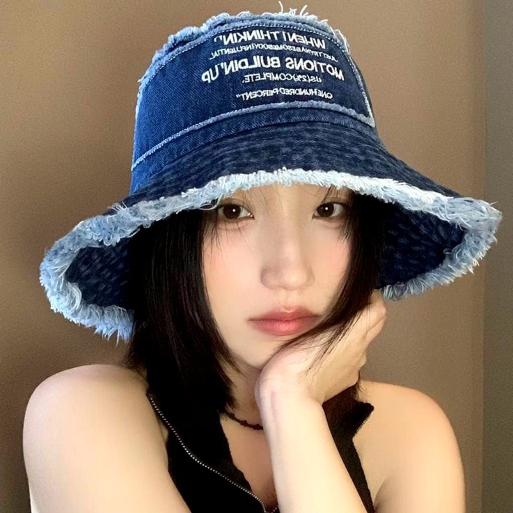 Bucket hat Ripped End Topi Bucket hat Rawis rumbai jeans wanita Premium