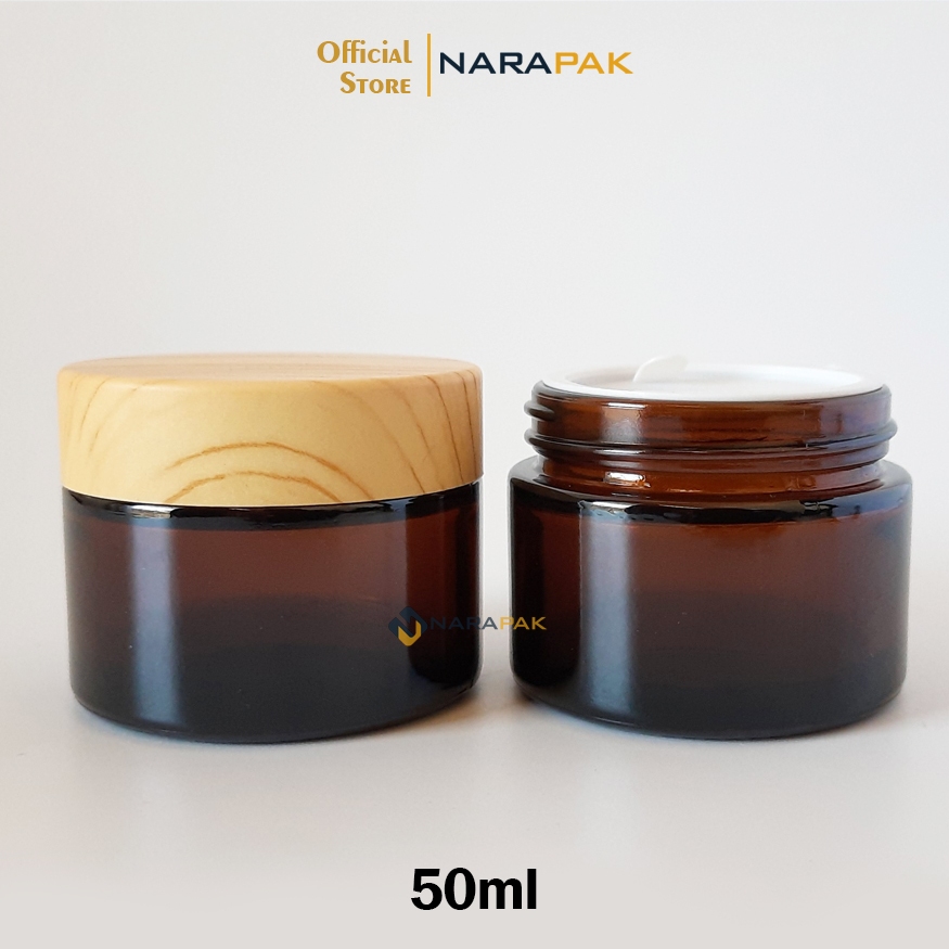 Pot Krim Kosmetik 50gr Kaca Coklat Amber Tutup Kayu Tempat Cream Wajah Skincare PC50
