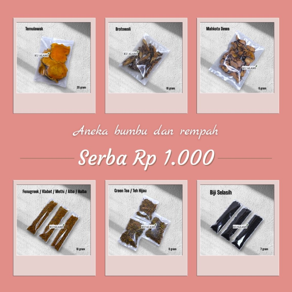 

Rempah bumbu kemasan ekonomis hemat 1000 kemiri brotowali mahkota dewa klabet fenugreek teh hijau green tea selasih daun jati cina
