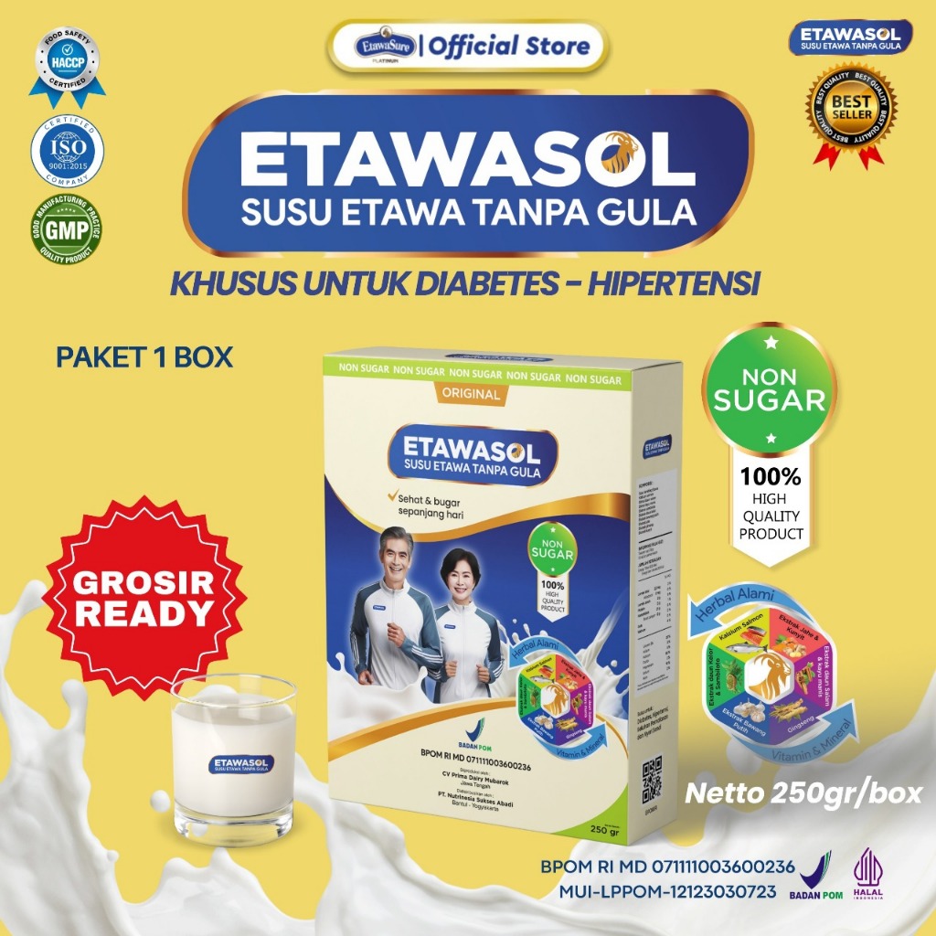 

Etawasol Susu Kambing Bebas Gula Untuk Diabetes, Hipertensi, Nyeri Sendi dan Pernafasan 250gr 1 Box