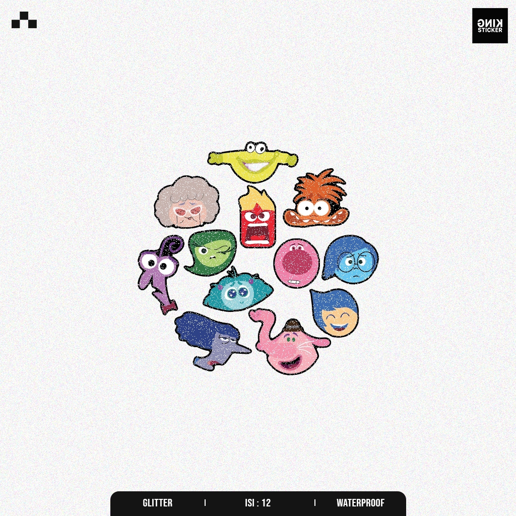 

Sticker Pack Karakter INSIDE OUT dengan finishingTekstur Glitter, Vinyl Synthetic Waterproof Tahan air | Isi 12PCS