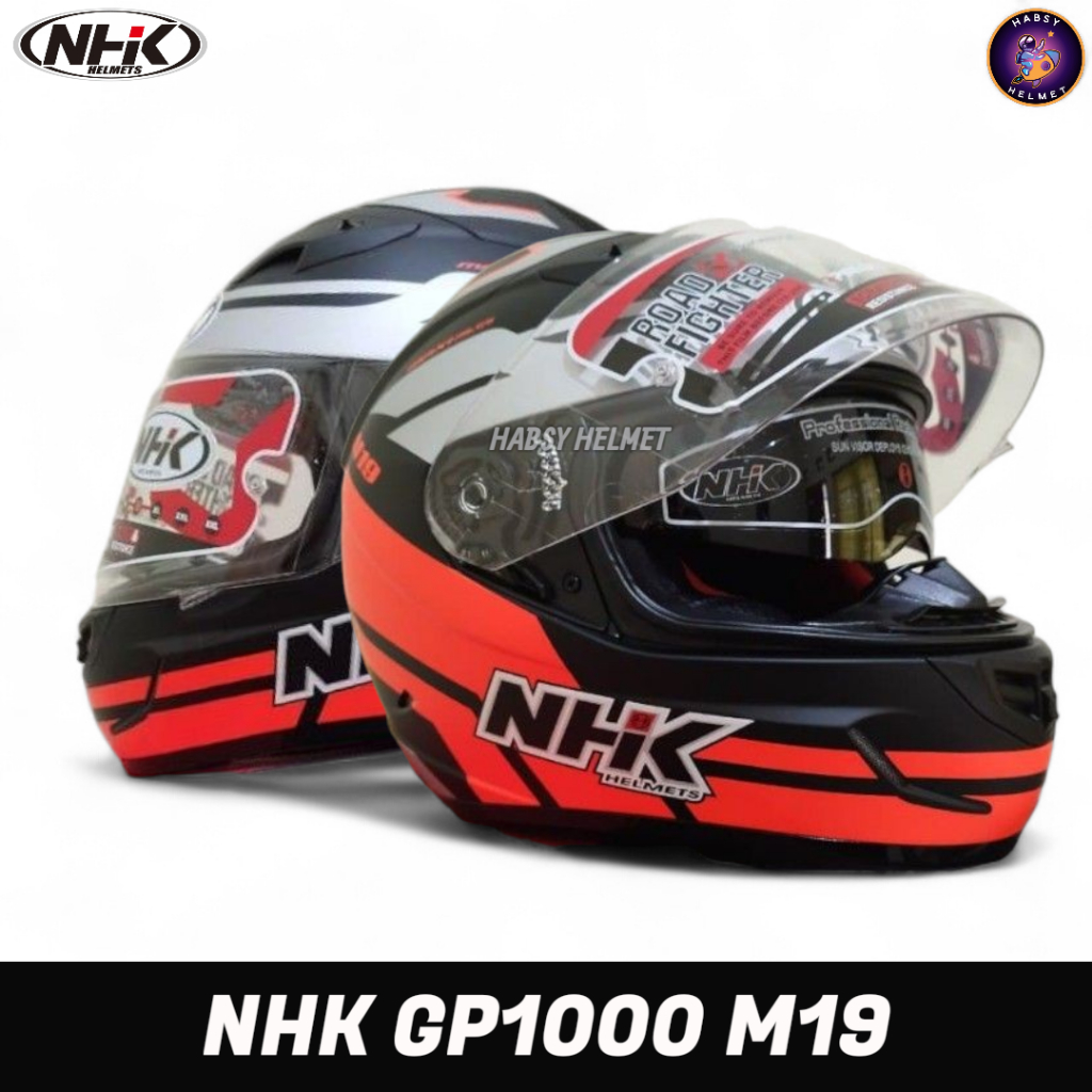 HELM NHK GP1000 MOTIF M19 BLACK ORANGE DOF|FULL FACE DOUBLE VISOR