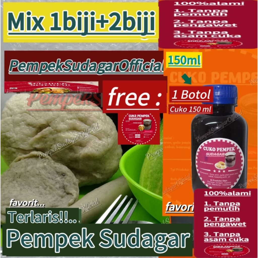 

Pempek paket isi 1biji kapal selam besar + 2biji pempek kecil + free 1botol cuko 150ml # All varian (Di vacum) # pempek bandung # pempek enak # pempek ikan tenggiri asli