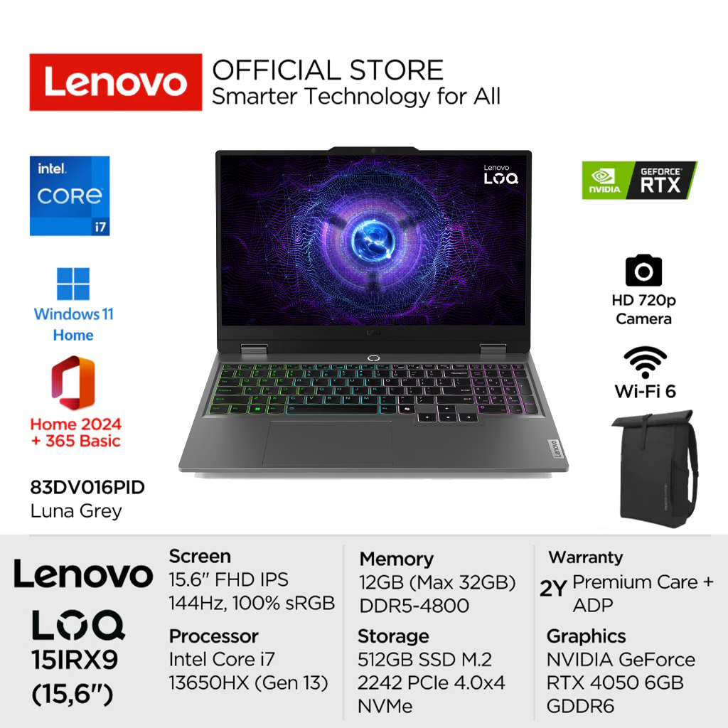 Lenovo LOQ Gaming 15IRX9 6PID Intel Core i7 13650HX Win11 12GB 512GB SSD NVIDIA RTX 4050 6GB 15.6" F