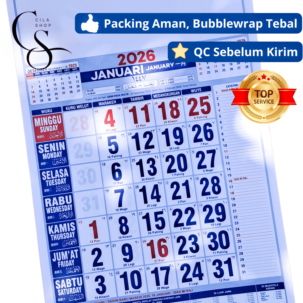 

Kalender Dinding 2026 Lengkap Jawa Arab Hijriah Hijriyah China Kalender Gantung