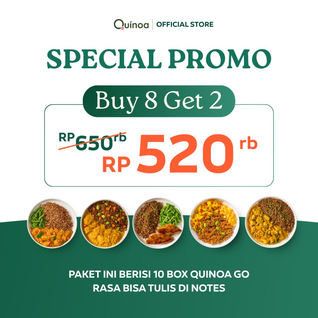 

QUINOA GO Best Seller Paket Diet Buy 8 Get 2 Free - Meal Prep Superfood Makanan Sehat Weight Loss High Protein Fiber Low Calorie Nasi Goreng Kampung Siap Saji Frozen Kirim Instan Ayam Sapi Ikan Woku Padang