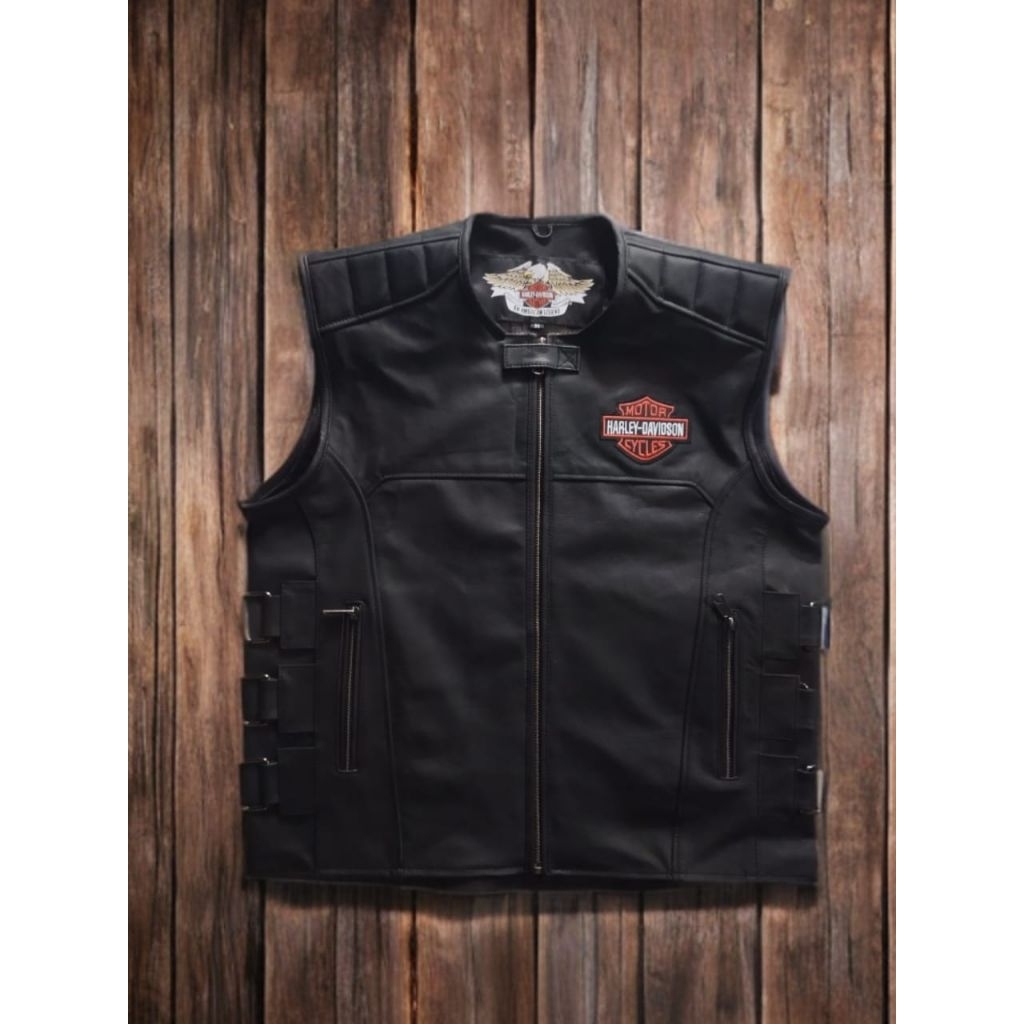 rompi kulit Harley Davidson, rompi kulit, vest pria