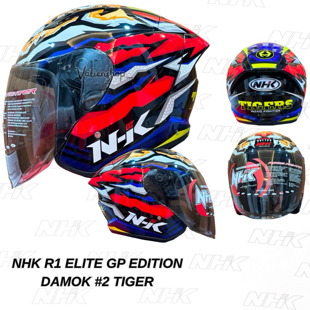 NHK R1 ELITE DAMOK #2 TIGER ORIGINAL HELM HALF FACE GP EDITION MOTIF DAMOK TIGER BLUE RED ORI SNI