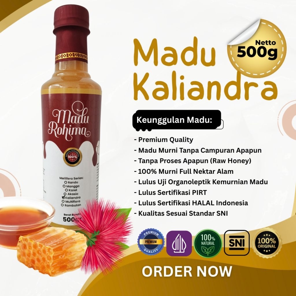 

Madu Kaliandra Premium 500gr MURNI ASLI tanpa campuran full nektar 100% Rohima_ Standar SNI Grade A Raw Honey Madu Keluarga sehat