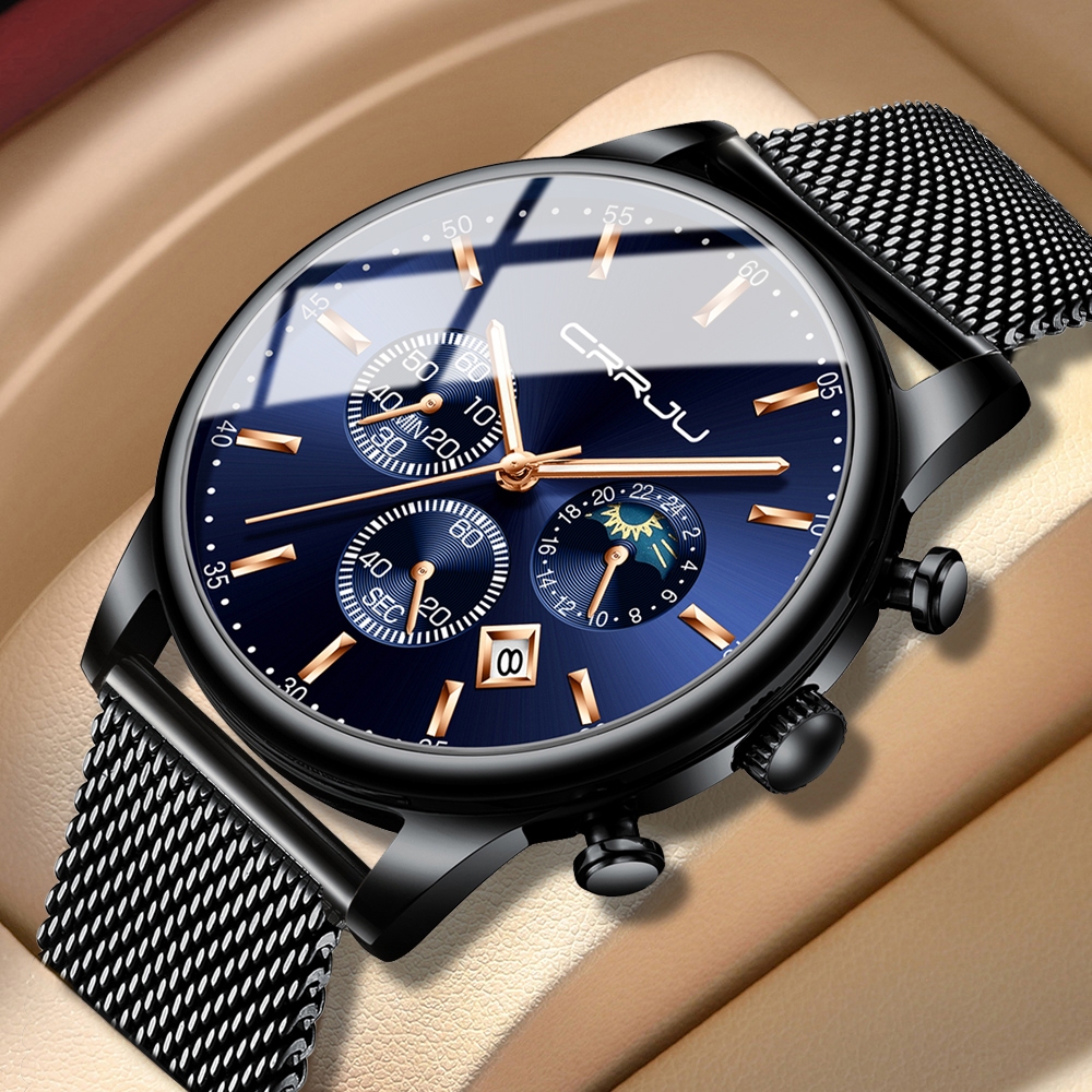 CRRJU Jam Tangan Pria/Wanita Cool Trendy Quartz Chronograph Stainless Steel Anti Air Chronograph Kor