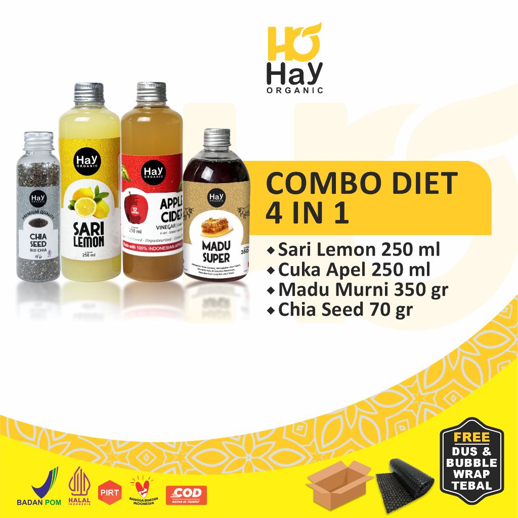 

Hay Organic - Paket 4in1 Diet Detoks Alami Sari Lemon 250ml, Cuka Apel 250, Chia Seeds 70gr dan Madu Super 350gr