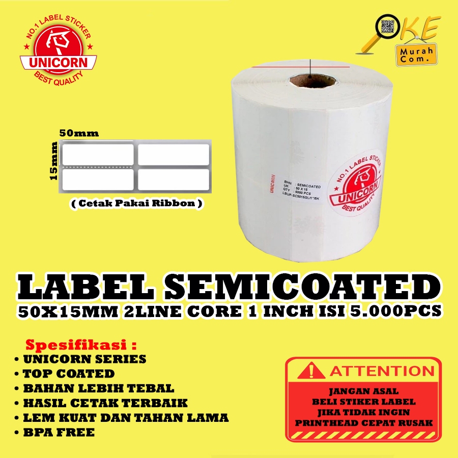 

Stiker Label Barcode Semicoated 50x15mm / 50x15 mm / 50 x 15 mm 2 Line Core 1" 5.000pcs