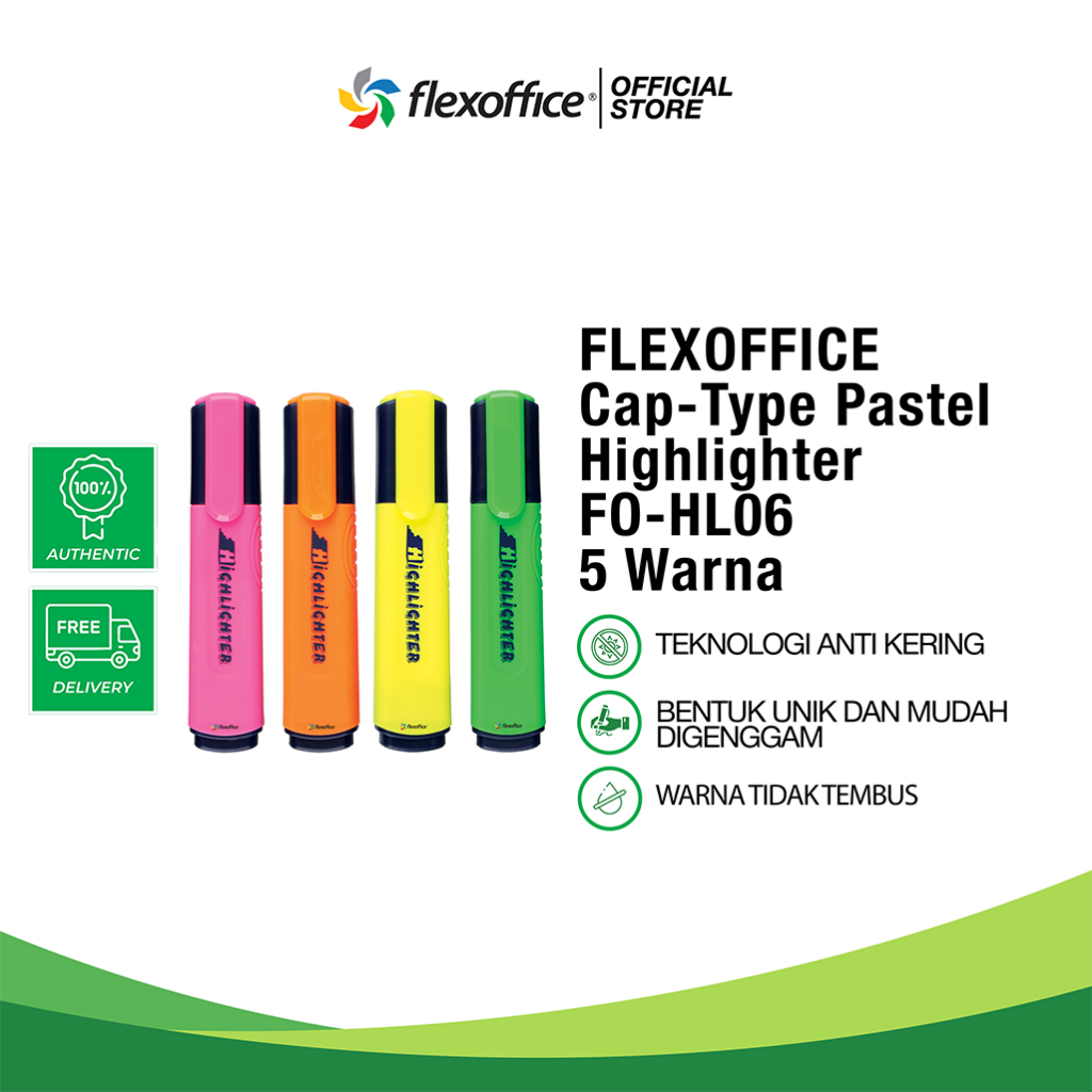 

FlexOffice Cap Type Highlighter FO-HL06 5 warna neon highlighter super terang enak dipakai murah