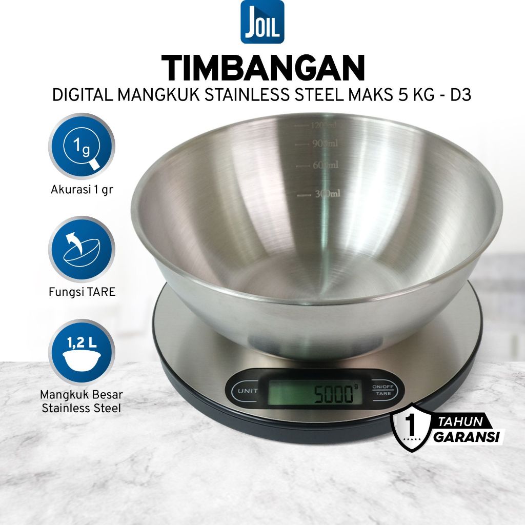 Joil Timbangan Dapur Digital Mangkuk Stainless Steel Kapasitas 5 kg - D3