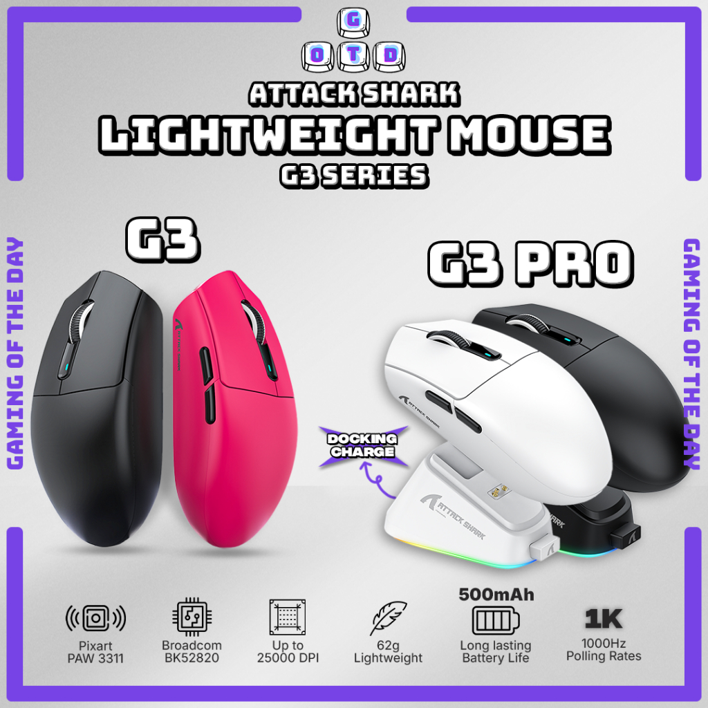 ATTACK SHARK G3 & G3PRO Tri-mode Wireless G305 Shape Esport Gaming Mouse with Charging Dock 25000 DP