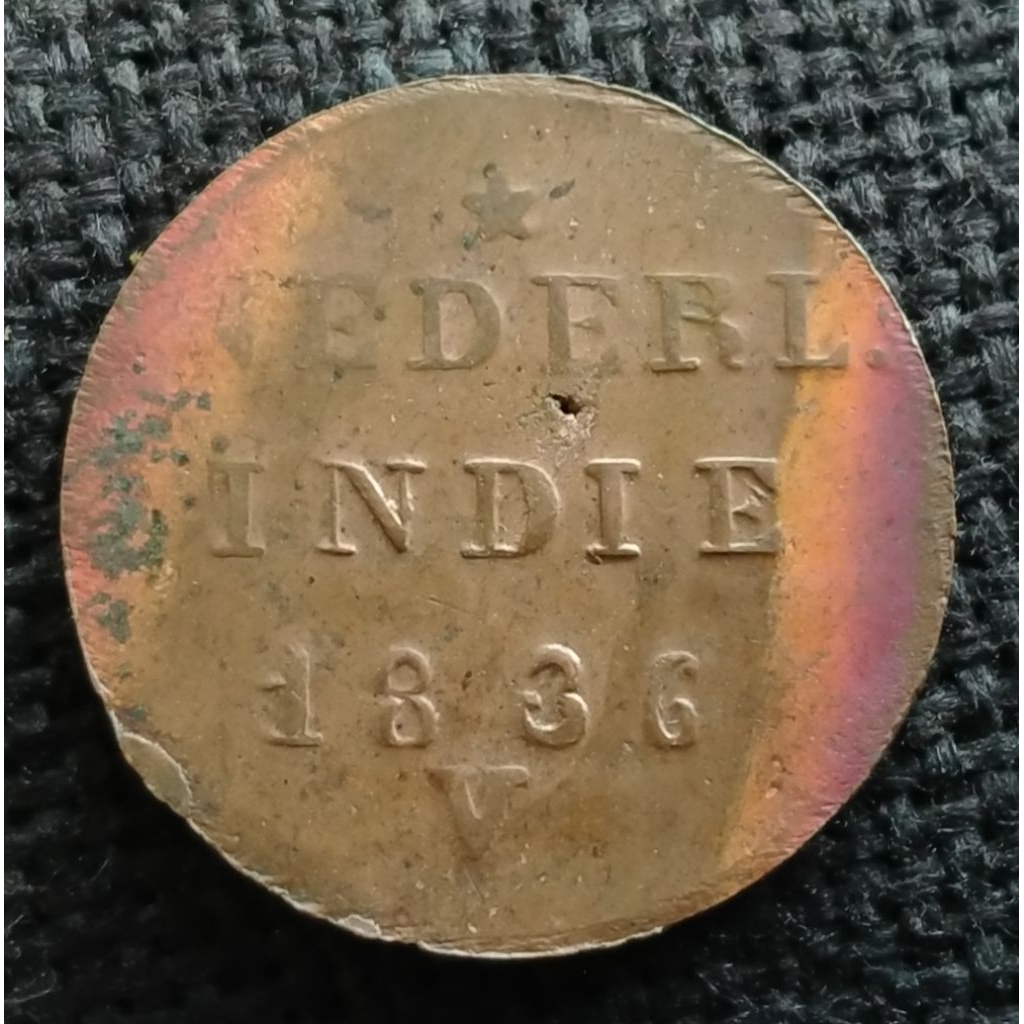 Koin Kuno Ned Indie 2 Cent/duit tahun 1836 V rainbow minus lubang jarum zaman belanda