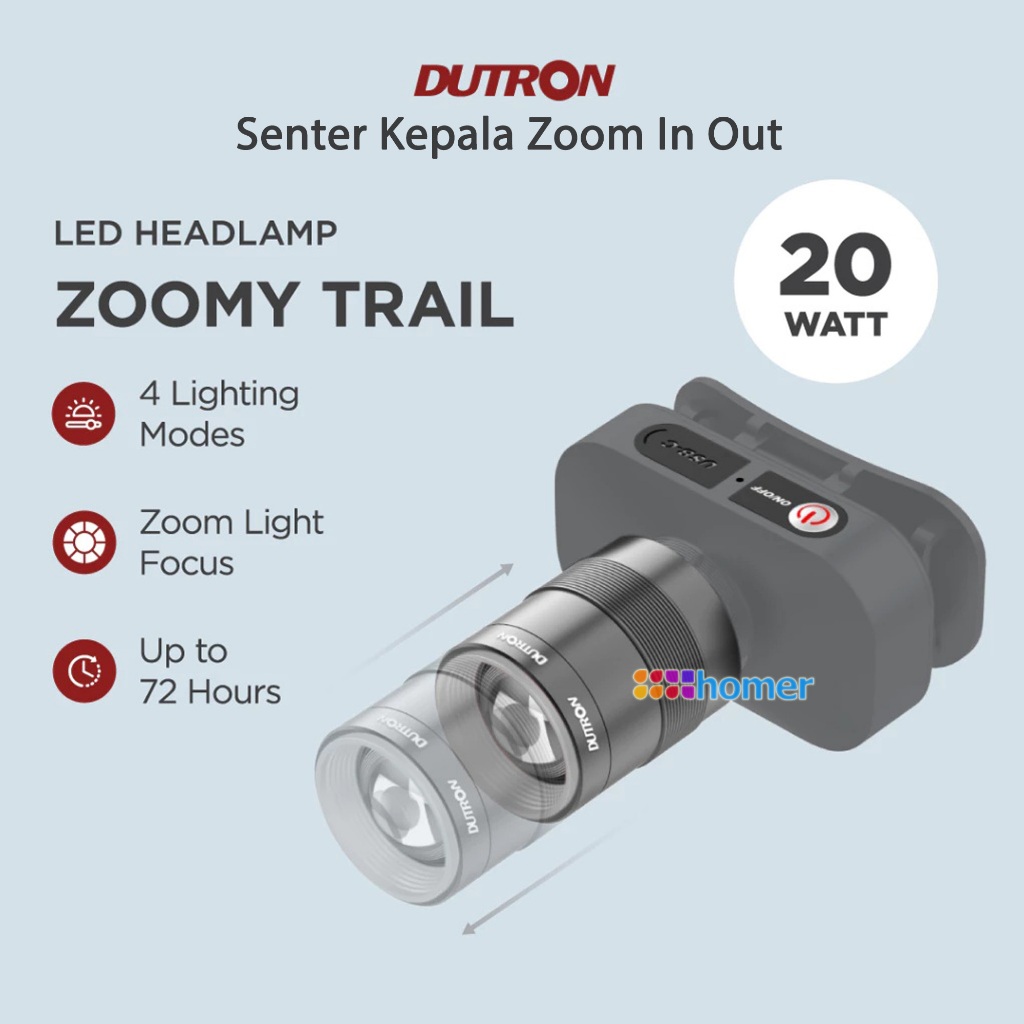 DUTRON Lampu Senter Kepala Terang Normal SOS Zoom In Out Headlamp LED Zoomy Trail 20Watt 20W 20 Watt
