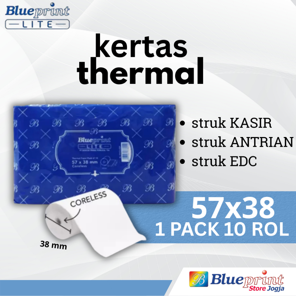 

10ROL 1PACK LITE 57x38 BLUEPRINT Kertas Thermal KASIR PPOB EDC Antrian Parkir Struk 58x38 57x40 58x40