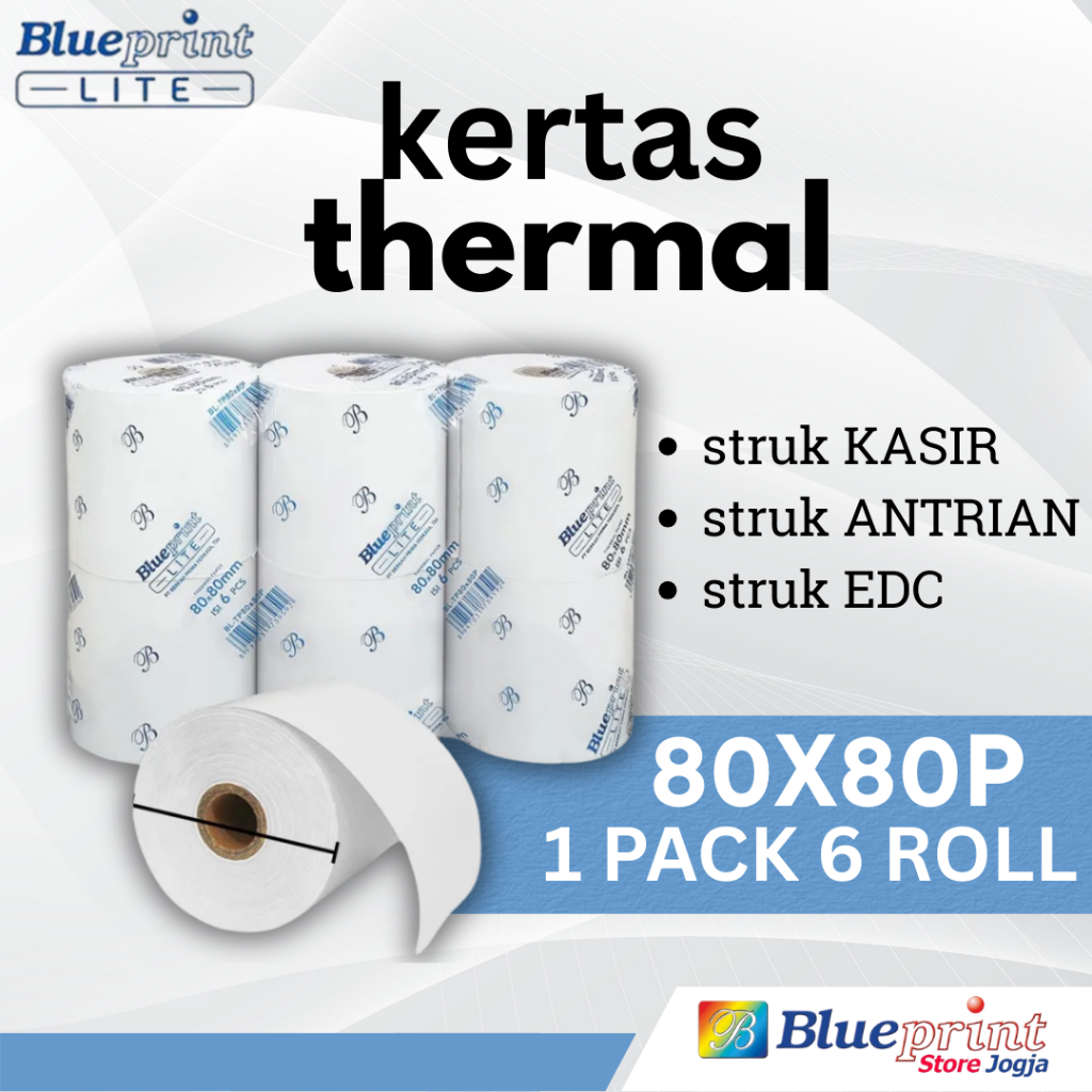 

6 ROL 1PACK LITE 80x80P BLUEPRINT Kertas Thermal KASIR PPOB EDC Antrian Parkir Struk