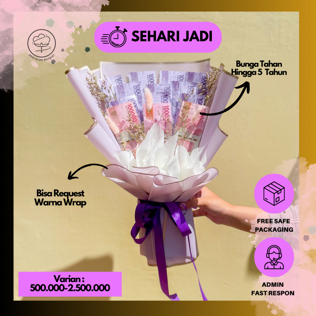 Buket Uang Hadiah Ulang Tahun Pacar Money Bouquet Bunga Kering Baby Breath Gift Anniversary Cewek Ka