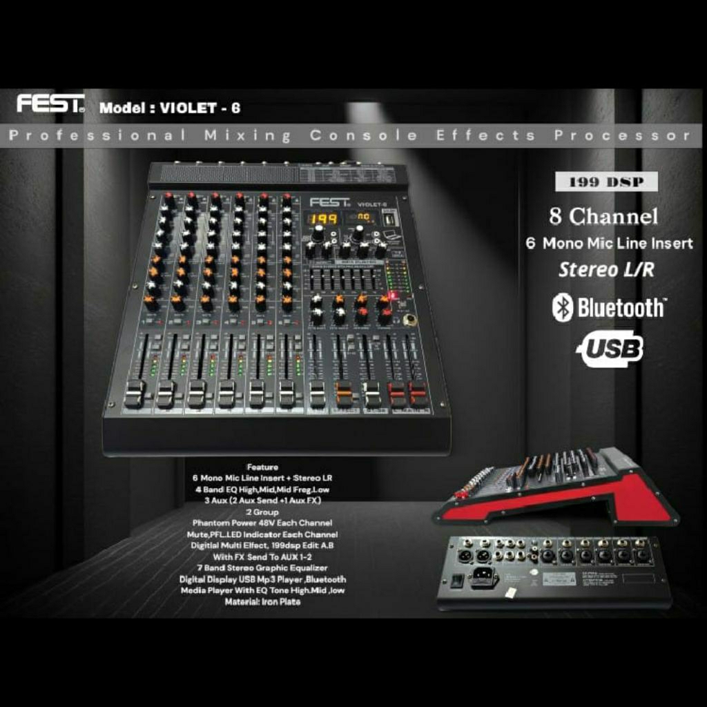 Mixer Fest violet 6 original 8 channel + stereo L R channel bluetooth