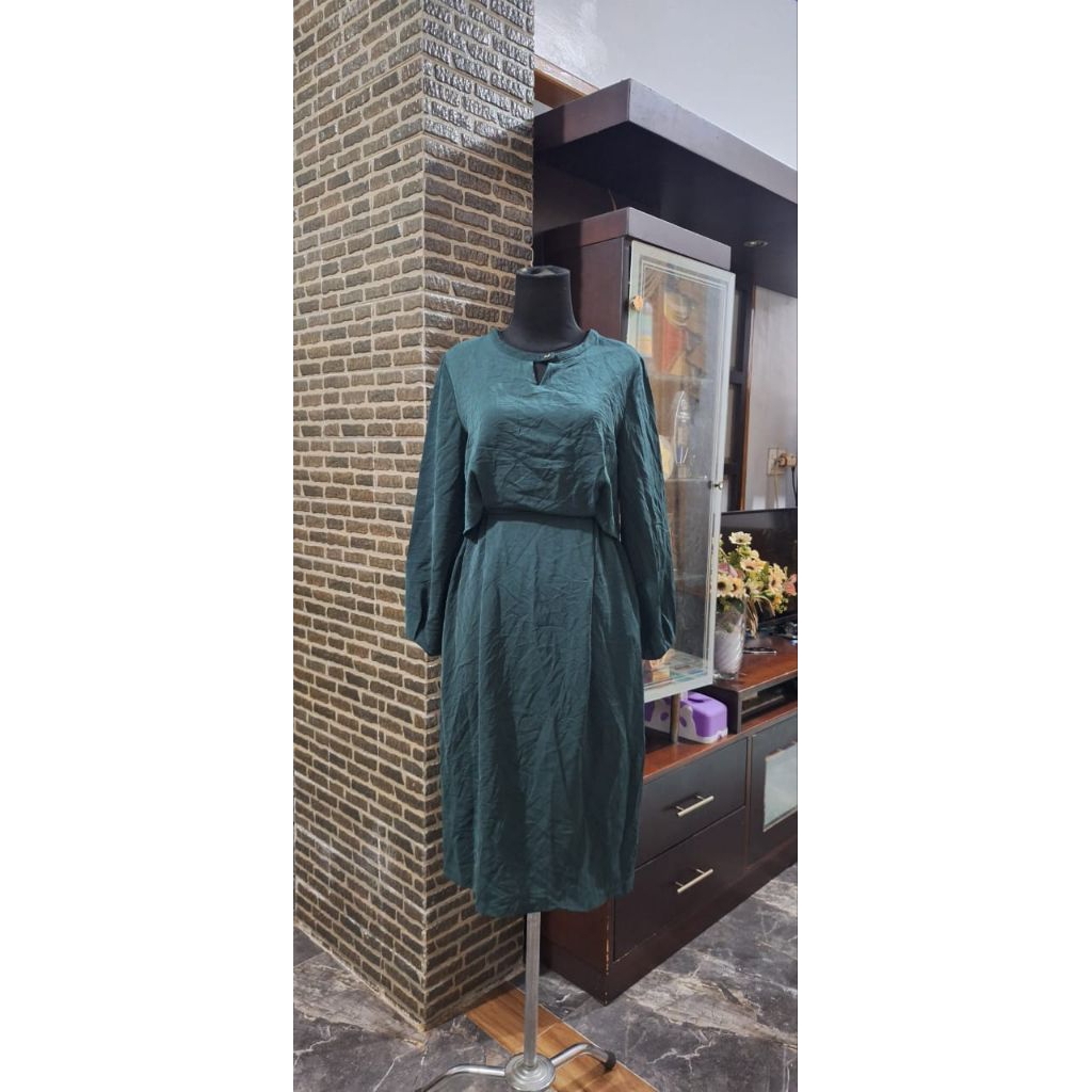 Dress sifon hijau botol/gaun wanita linen