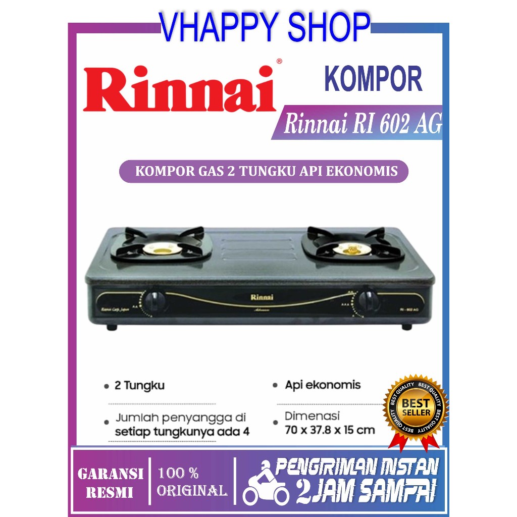 RINNAI KOMPOR GAS 2 TUNGKU RI-602AG/RI602AG/RI602 AG/RI 602AG/RI-602 AG/RI 602 AG/ GARANSI RESMI