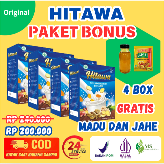 

[ PAKET 4 BOX HITAWA GRATIS MADU DAN JAHE AMH ] [ BISA COD + GARANSI ] HITAWA Susu Kambing Etawa Plus Herbal Jahe Merah Kunyit Temulawak Mengatasi Nyeri Sendi Lutut Pinggang Rematik Asam Urat