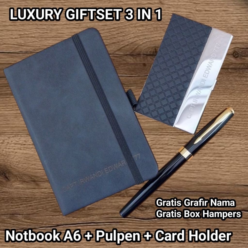 

Giftset Hampers Elegan 3in1 Kado Ulang Tahun Souvenir Card Holder, Notebook A6, Pulpen Gratis Grafir Nama Dan Gratis Box PulPen Gratis Box Hamper