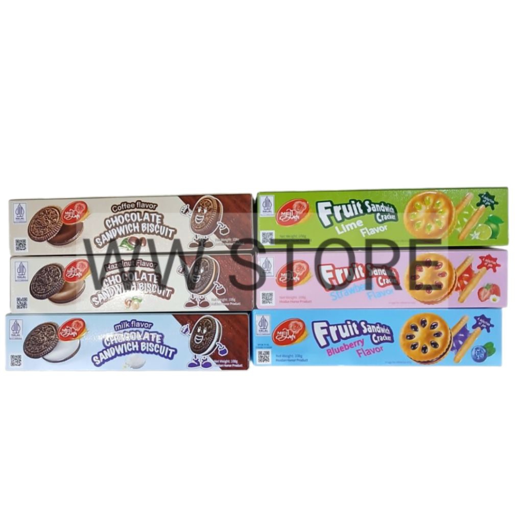 

Biskuit lapis coklat cokelat krim rasa kacang hazel kopi susu buah stroberi bluberi jeruk nipis halal MUI MeiDan Mei Dan Hazelnut Coffee Milk Flavor Chocolate / Lime Strawberry Blueberry Flavour Fruit Sandwich Biscuit 108g