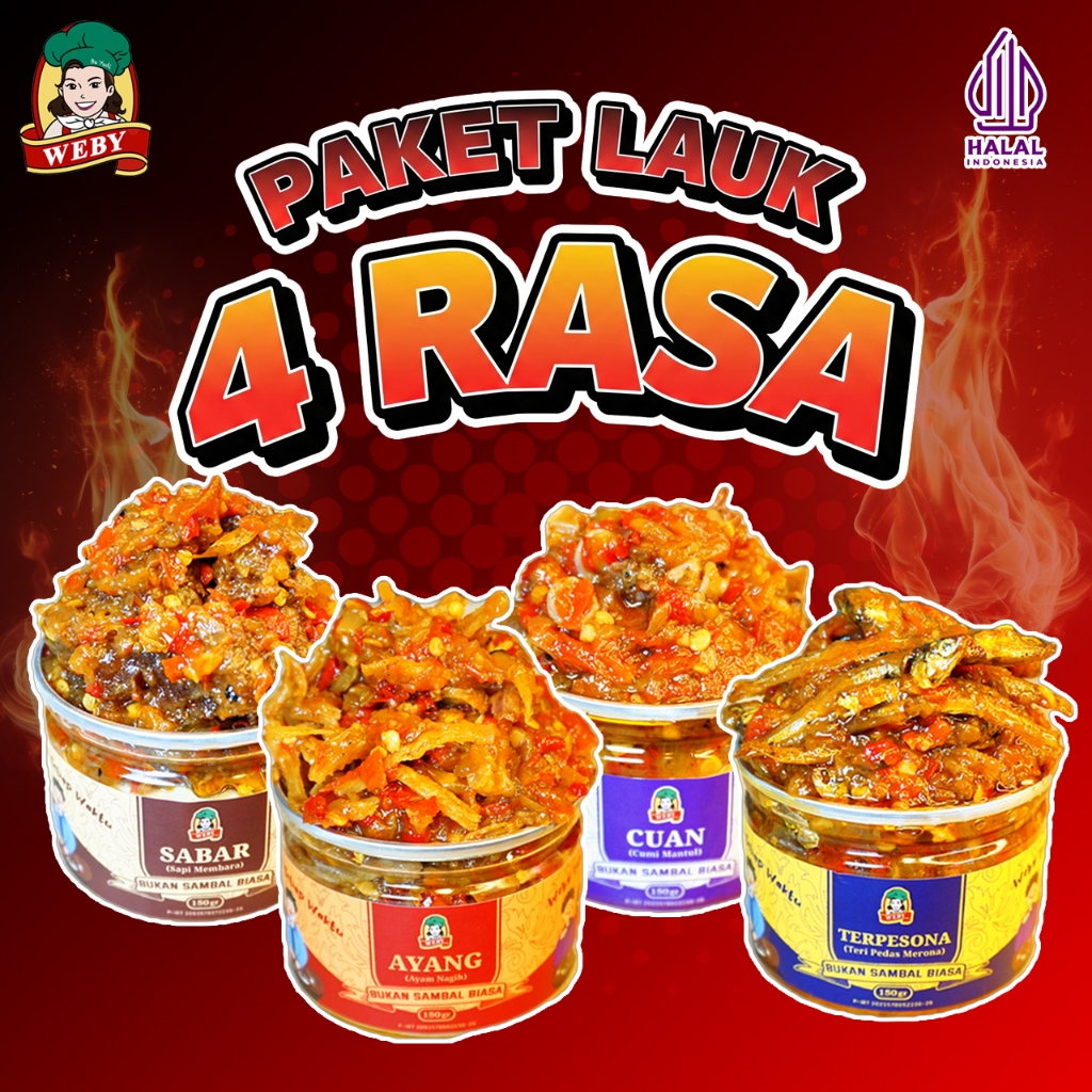 

BEST SELLER - Sambal Weby Paket Komplit 4 Varian Rasa Sambal Cumi, Sambal Teri, Sambal Ayam dan Sambal Daging Sapi, isi 150 gr