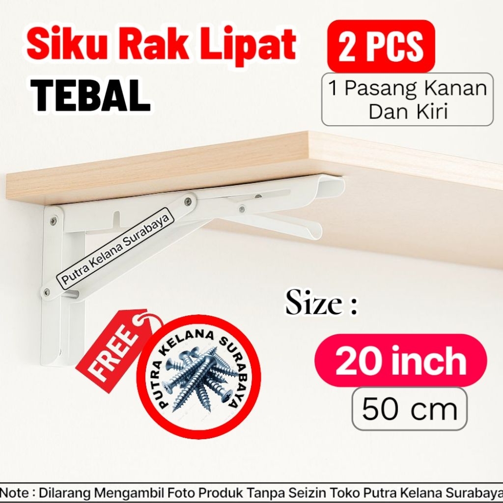 [ 2 PCS ] SIKU RAK LIPAT PER 20 inch ( 50 cm ) Putih / Bracket Siku Rak Lipat / Siku Rak Lipat Ambal