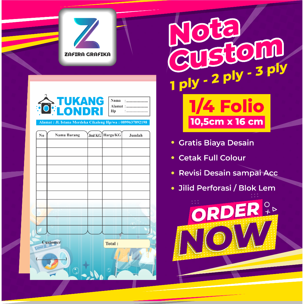 

Nota Satuan, Cetak Nota Custom Satuan per Buku, Desain Bebas, Ukuran 1/4 Folio 2 Ply, Gratis Desain