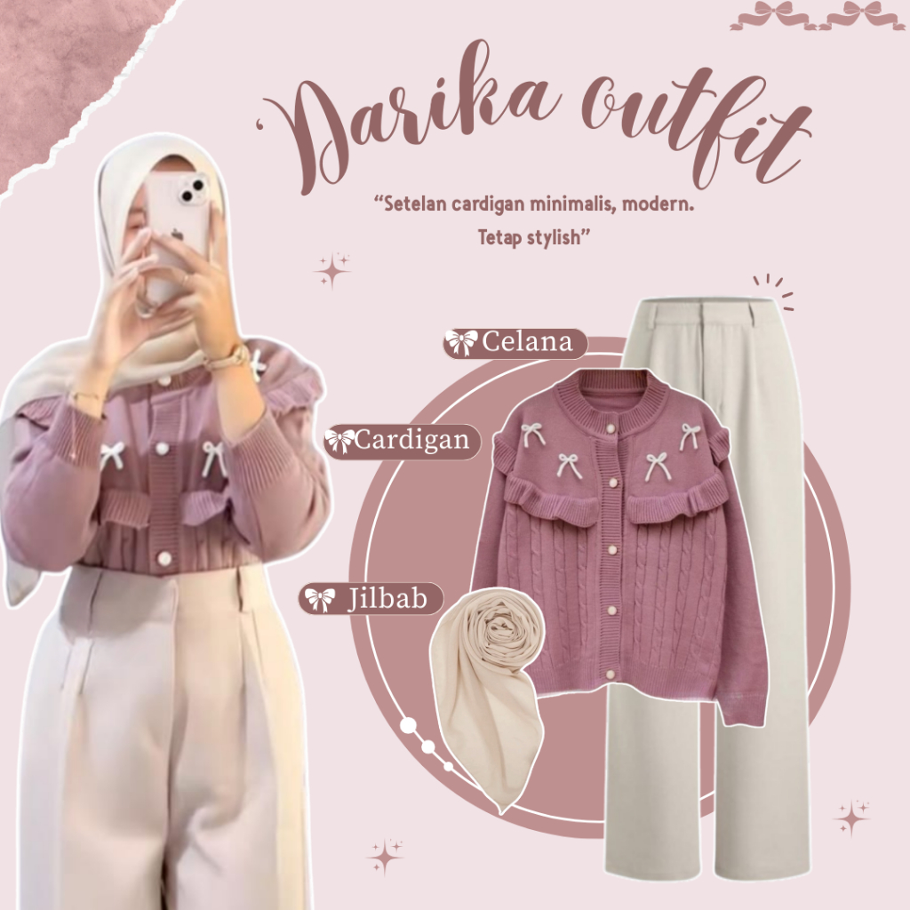 One Set Pinkiey Kiyowo Kekinian Ala Korean | OOTD Hang Out Look | Cardigan + Celana + Hijab - CM97N