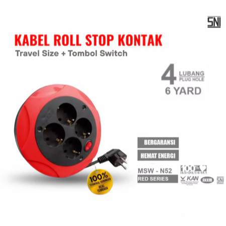 Kabel Roll Listrik 4 Lubang + Saklar Terminal Box Colokan Kuningan Panjang 6Yard SNI