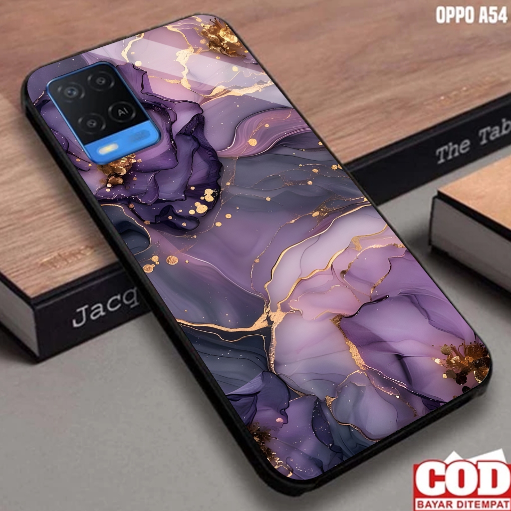 Softcase Glass Oppo A54  - Softcase Motif MARBLE LILAC  - Softcase Glossy - Softcase Glass - Softcas