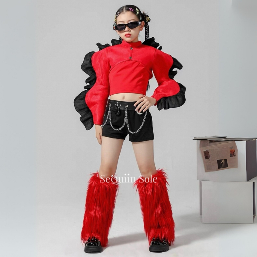Sequiin Sole Red Black Puff Top Kids Dance Costume/Set Baju Dance Anak Hip Hop/Kpop Anak