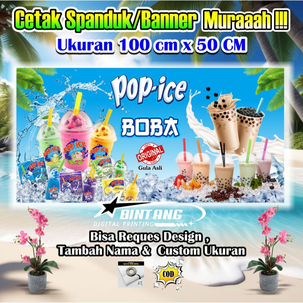 Spanduk Banner Pop Ice Boba Ukuran 100 cm x 50 cm