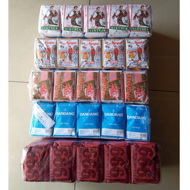 

(5 PAK) SINTREN, GOPEK, NYAPU, 999, DANDANG BIRU Racikan 5 macam teh (5 slop x 10 pcs)