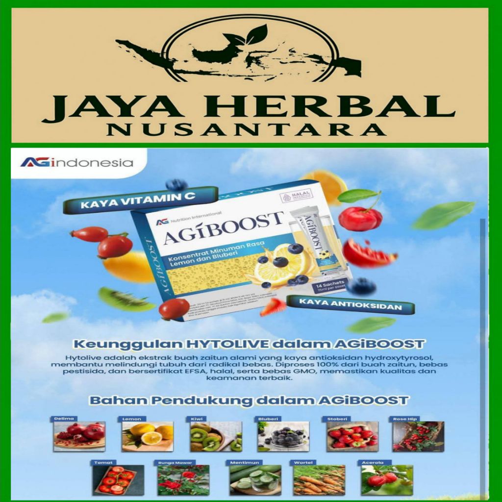 

ANTIOKSIDAN PENANGKAL RADIKAL BEBAS & SUPLEMEN NABATI AGIBOOST (harga untuk 1 saset)