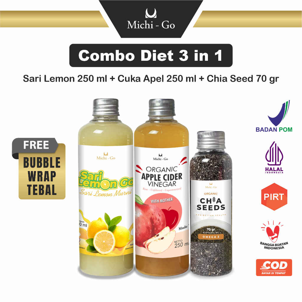

MICHIGO - Paket Sehat Diet Hemat 3in1 - Sari Lemon 250ml, Cuka Apel 250ml, Chia Seed 70gr - Halal dan BPOM