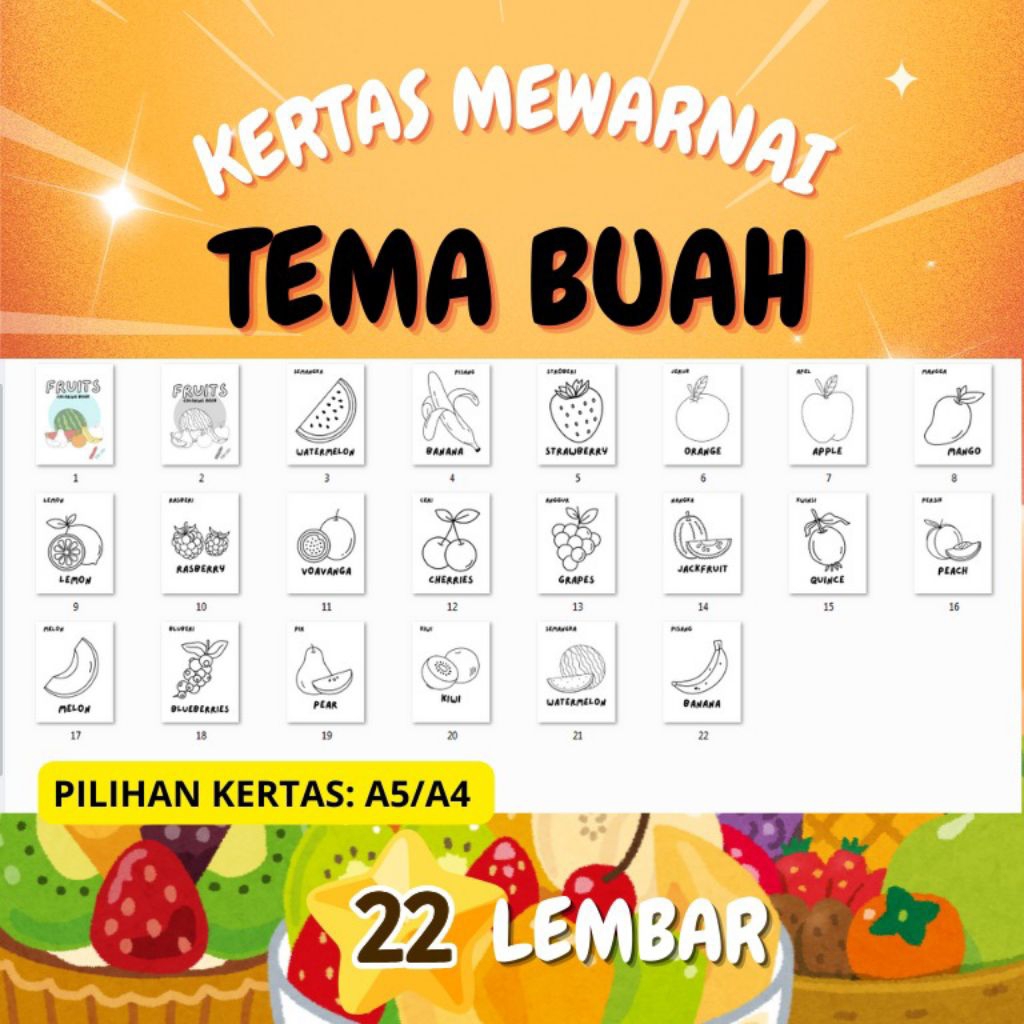 

22 LEMBAR MEWARNAI ANAK TEMA BUAH BAHAN KERTAS HVS