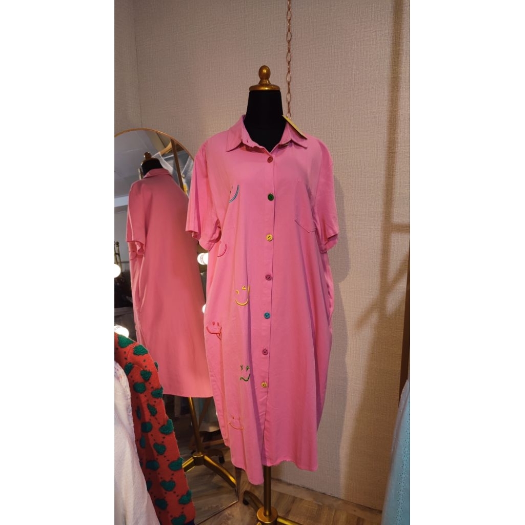 Dress Tunik Jeans Pink Wela Happy Kancing Smile Premium