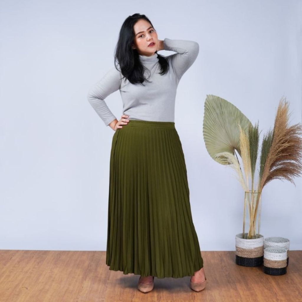 Rok Plisket Panjang Warna Hijau Army Premium Tebal