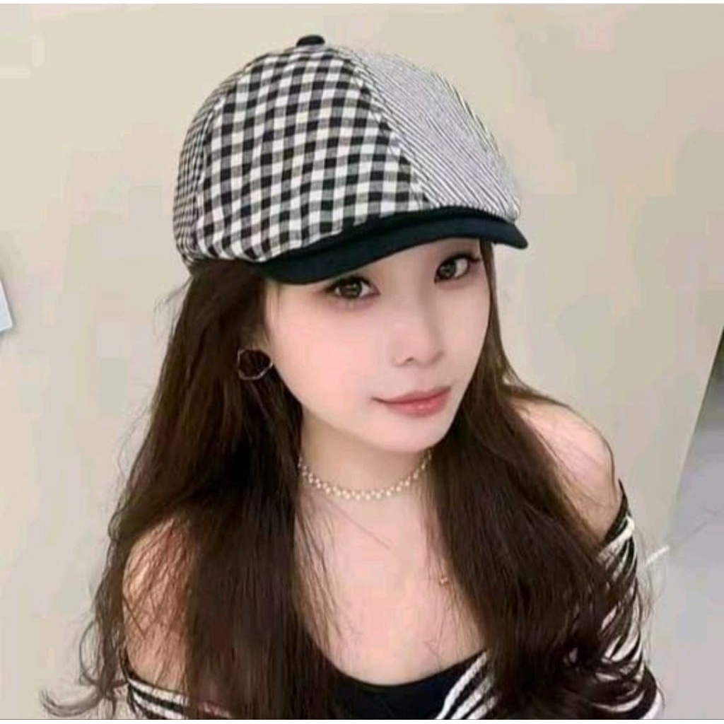 TOPI FLAT CAP NEWSBOY SUTRADARA PELUKIS POLOS IMPORT PREMIUM KATUN PRIA WANITA dengan Desain Kotak-K