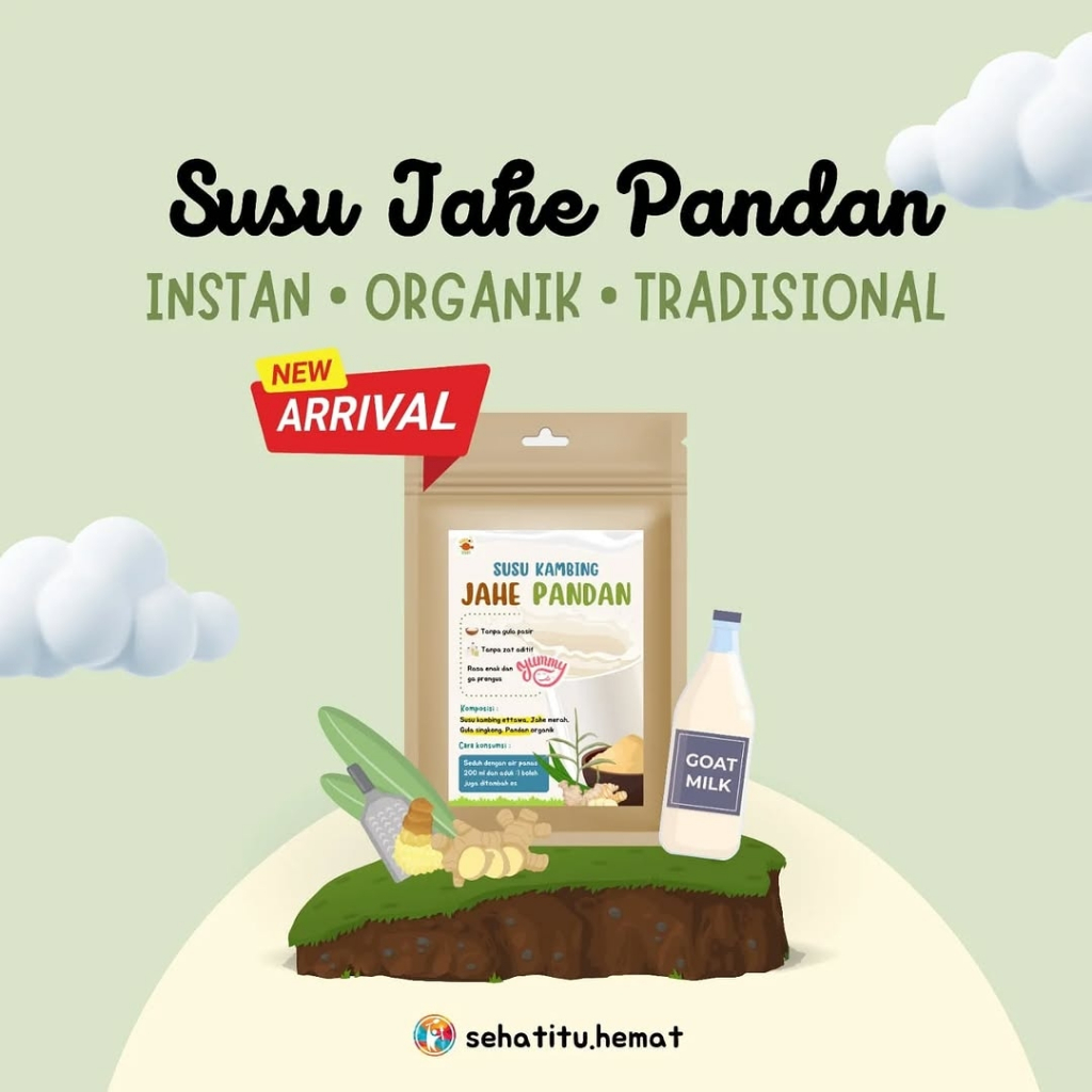

Susu Kambing Sachet Varian Jahe Pandan, 100% Organik Tanpa Bahan Kimia